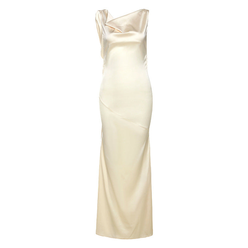 Damen Elegantes Satin-Maxikleid mit asymmetrischem Oberteil und fließendem Schnitt Drune