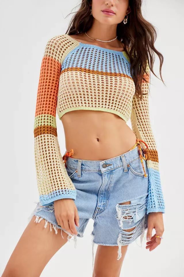 Damen gehäkeltes Crop-Top mit weiten Ärmeln und bunten Streifen Drune
