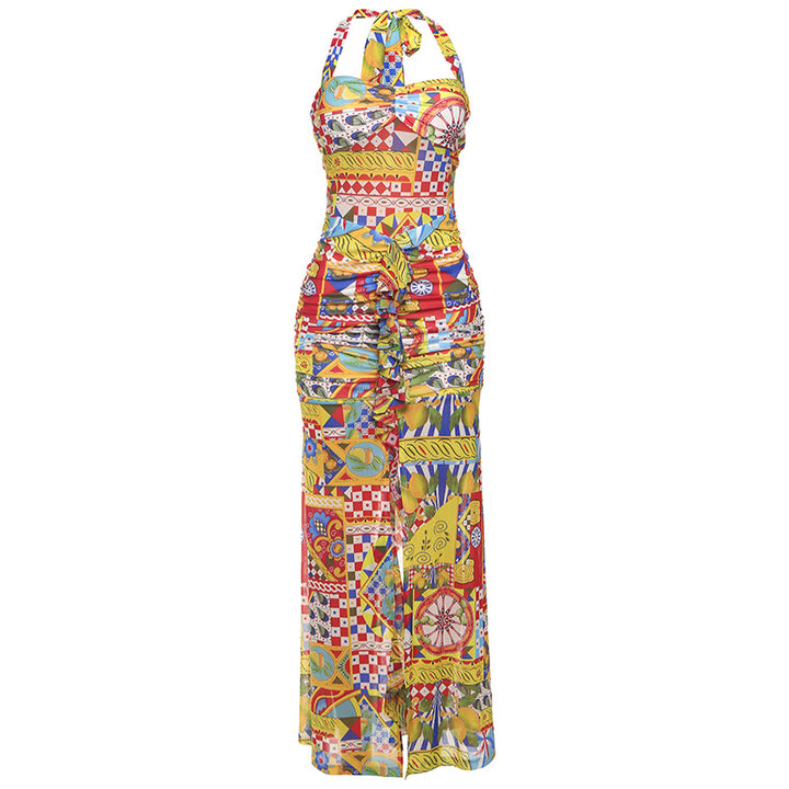 Damen Elegantes Strandkleid mit raffiniertem Rüschendesign und tiefem Schlitz Drune