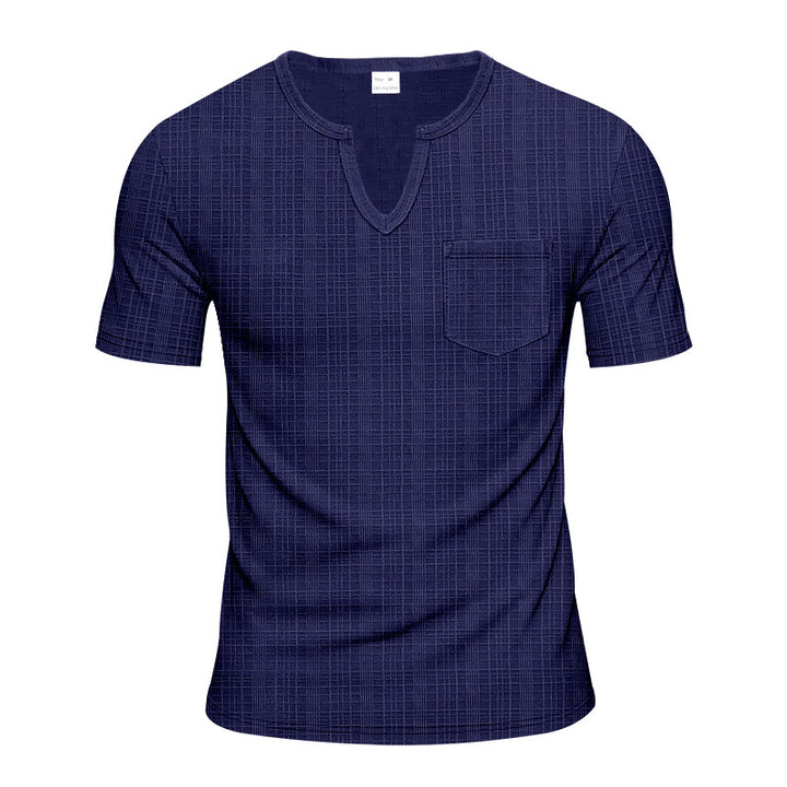 Herren nan Kurzarmshirt mit geschlitztem V-Ausschnitt strukturierter Leinenoptik und aufgesetzter Brusttasche Drune