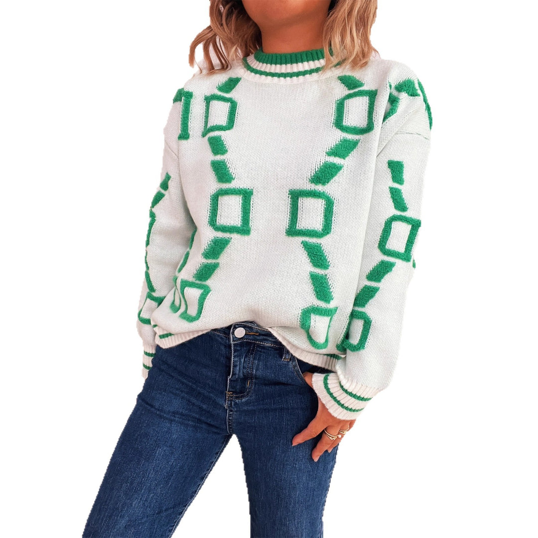 Damen trendiger Strickpullover mit geometrischem Muster und bequemer Passform Drune