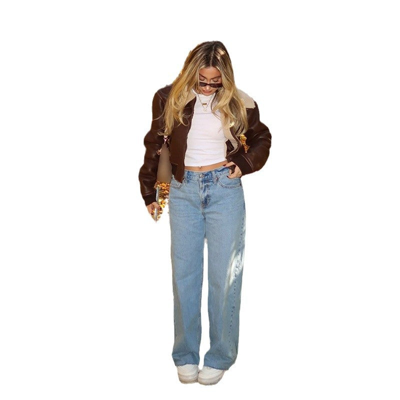 Damen cropped Lederjacke mit kunstvollem Kragen Drune