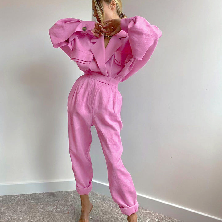 Damen modisches Leinen-Jumpsuit mit voluminösen Ärmeln und eleganter Bindegürtel Drune