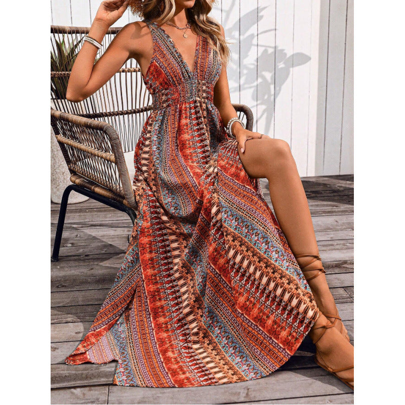 Damen Maxikleid mit tiefem V-Ausschnitt und schwingendem Rock Drune