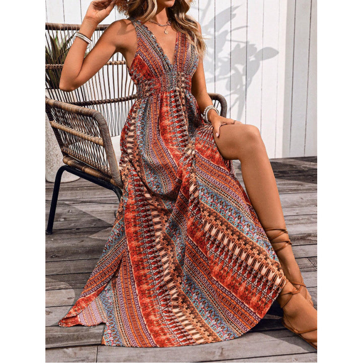 Damen Maxikleid mit tiefem V-Ausschnitt und schwingendem Rock Drune