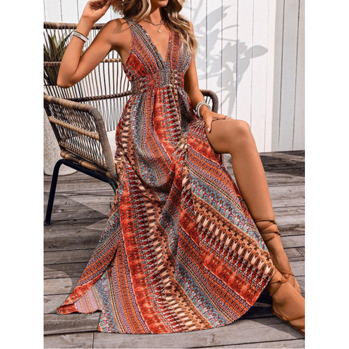 Damen Maxikleid mit tiefem V-Ausschnitt und schwingendem Rock Drune
