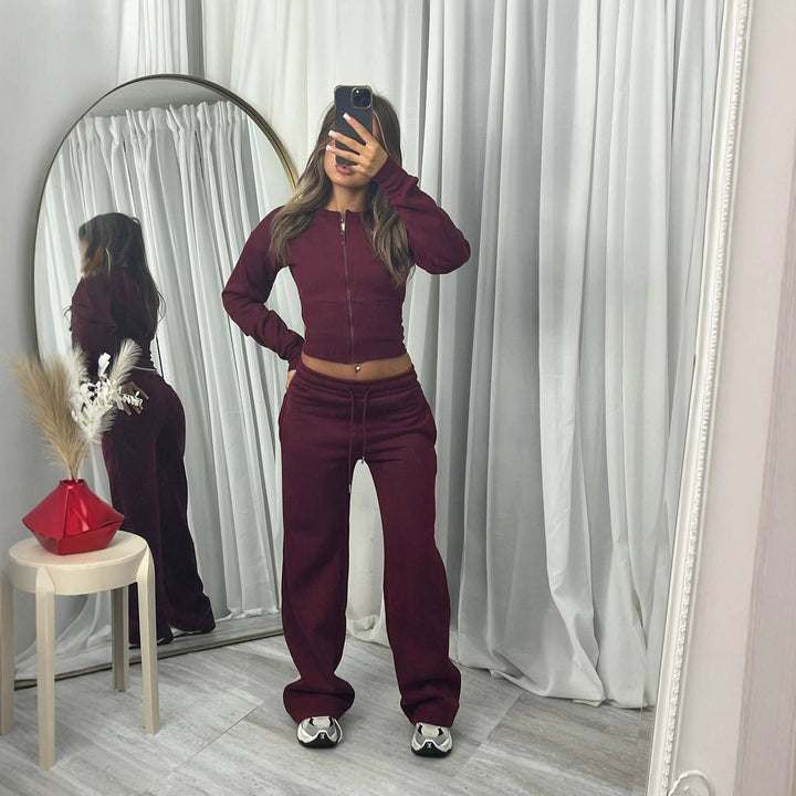 Damen nan kurzes Zip-Cropped-Shirt mit formendem Bund und breite Relax-Sweatpants mit Tunnelzug Drune