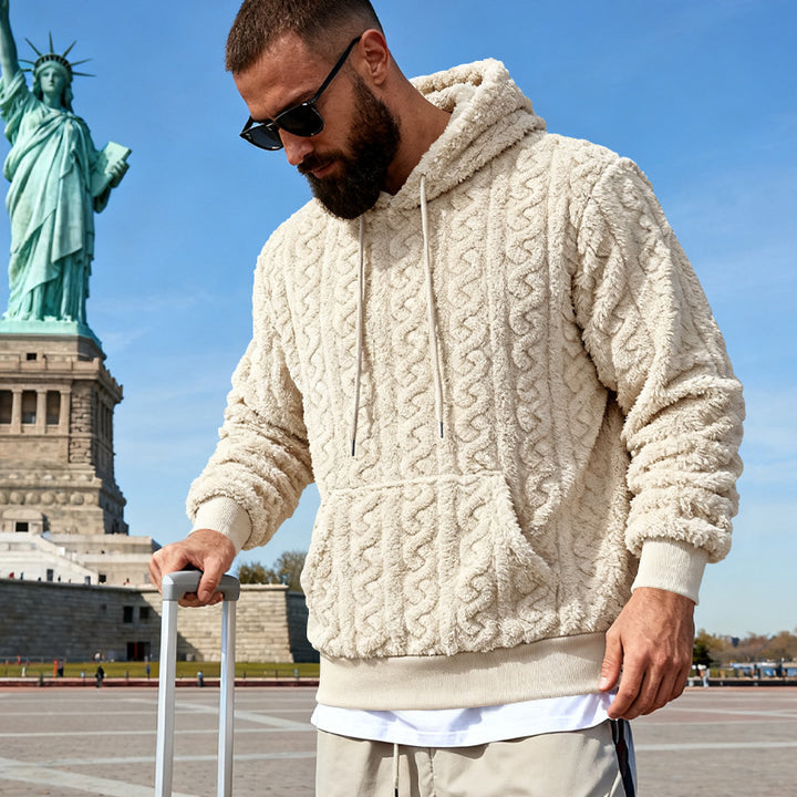 Herren nan Kuscheliger Sherpa-Hoodie mit Zopfmuster, Kängurutasche und Rippbündchen Drune