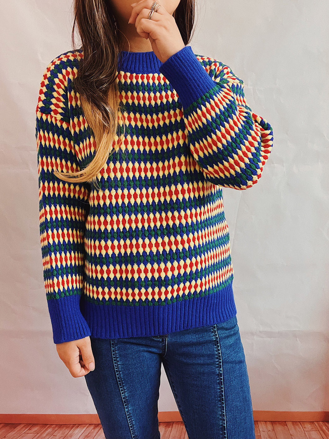 Damen lässiger Strickpullover mit buntem Rautenmuster und Rundhalsausschnitt Drune