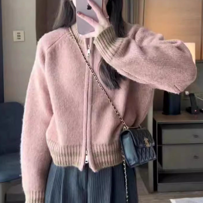 Damen sportlicher Strickcardigan mit Reißverschluss und gestreiftem Bündchen Drune