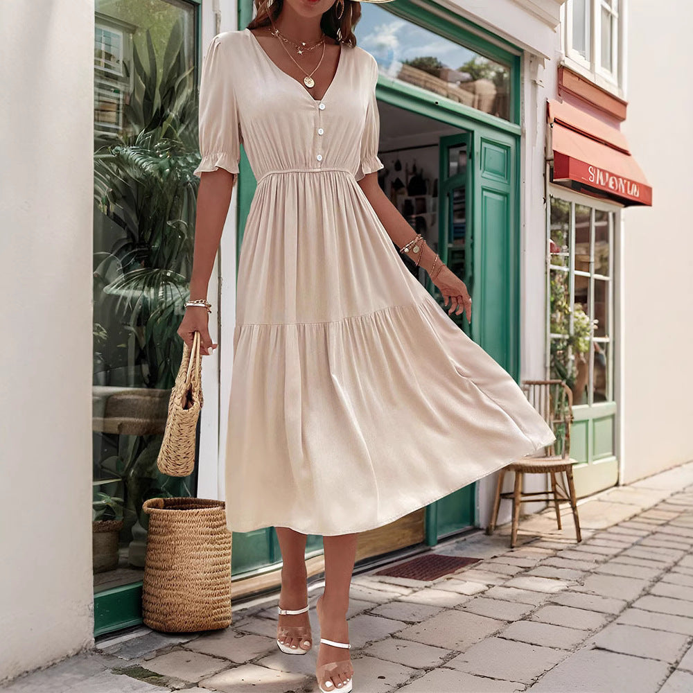 Damen Midi-Kleid mit knöpfbarem V-Ausschnitt und luftigen Puffärmeln Drune