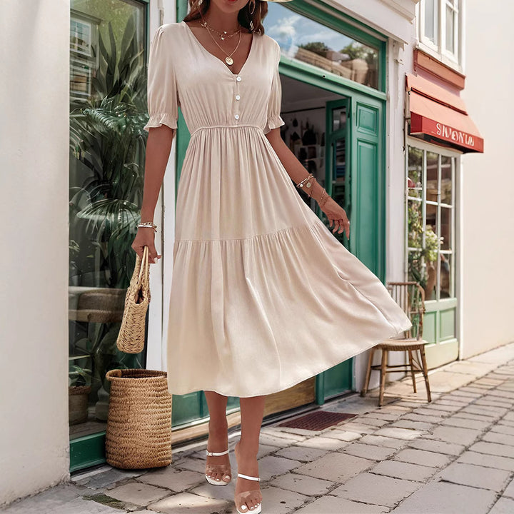 Damen Midi-Kleid mit knöpfbarem V-Ausschnitt und luftigen Puffärmeln Drune