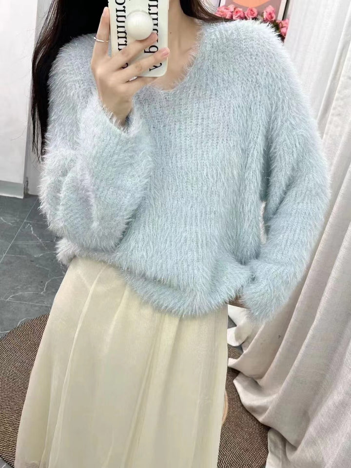 Damen kuscheliger V-Ausschnitt Pullover mit glitzerndem Faden Drune