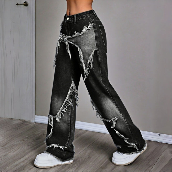 Damen Weite Jeans im modernen Destroyed-Look mit fransigen Details Drune