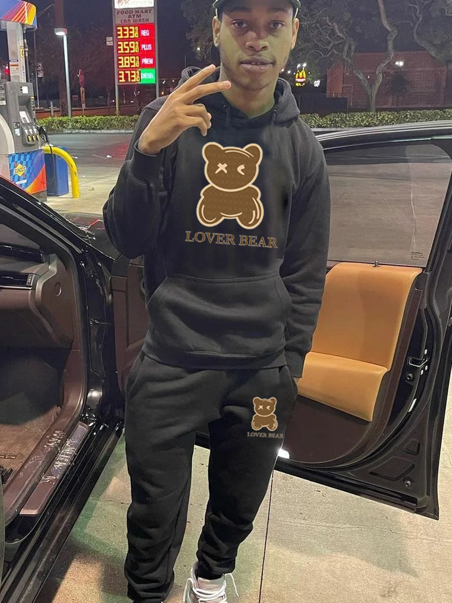 Herren Kapuzenpullover und Jogginghose Set mit klarem Bärenmotiv Drune