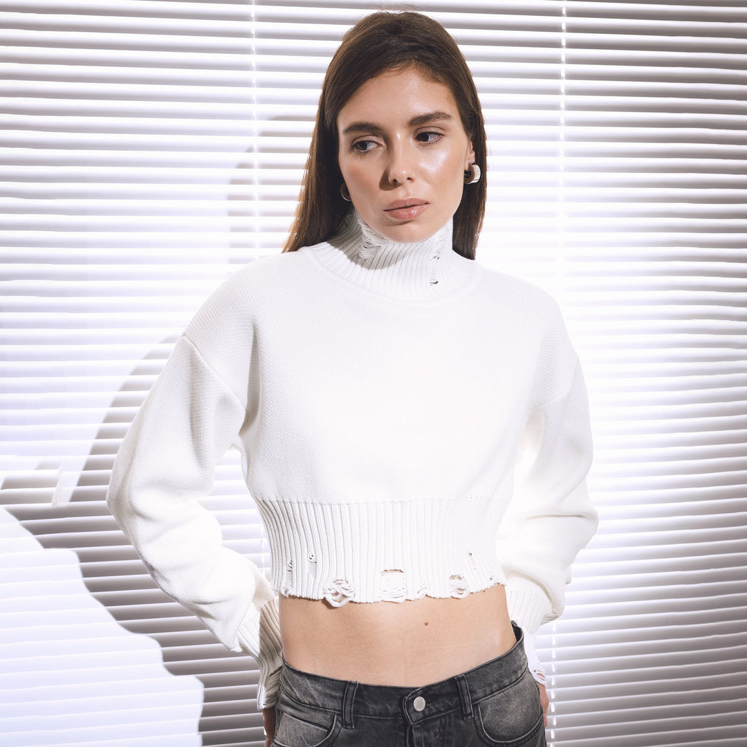Damen trendiger Cropped Pullover mit modernem Rippdesign und verspielten Details Drune