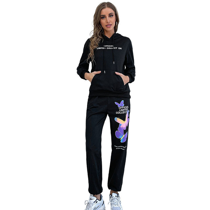 Damen Sportliche Hoodiekombination mit buntem Schmetterlings-Design und lässigen Details Drune