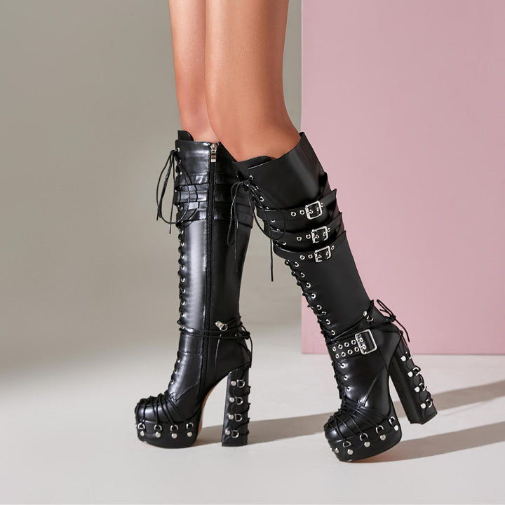 Damen High-Heeled Platform Schnürung kniehohe Stiefel Drune