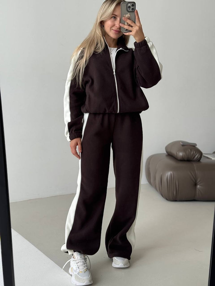 Damen sportlicher Fleece-Jogginganzug mit hohem Kragen und seitlichen Streifen Drune