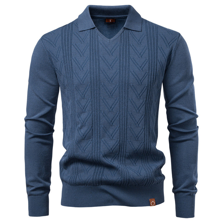 Herren nan feiner Strick-Polopullover mit V-Ausschnitt, Zickzackstruktur und Kentkragen Drune