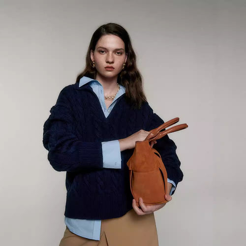 Damen Strickpullover mit V-Ausschnitt und Kabelmuster Drune