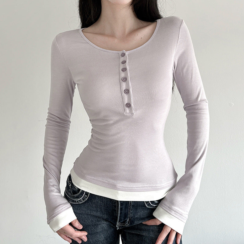 Damen nan tailliertes Henley-Crop-Longsleeve mit kontrastierenden Saum- und Ärmelbündchen Drune