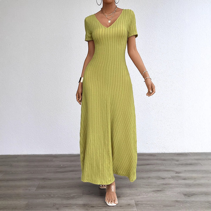 Damen Langarm Maxikleid mit elegantem V-Ausschnitt und Rippstruktur Drune