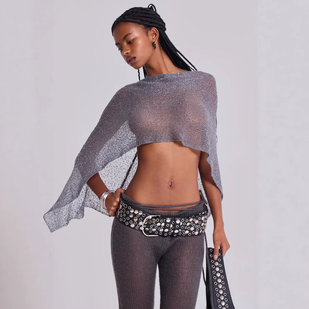 Damen lässiges Strickoberteil mit asymmetrischem Schnitt und metallischem Glanz Drune