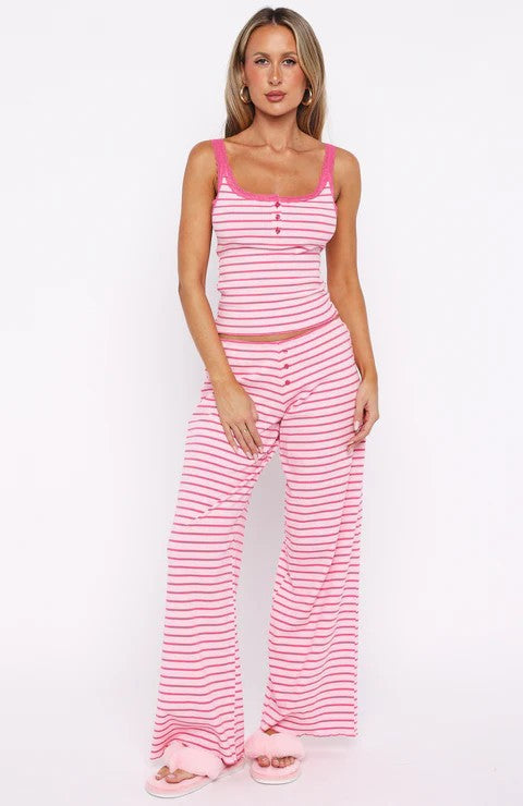 Damen Pyjama-Set mit dekorativen Knopfdetails und Streifenmuster Drune