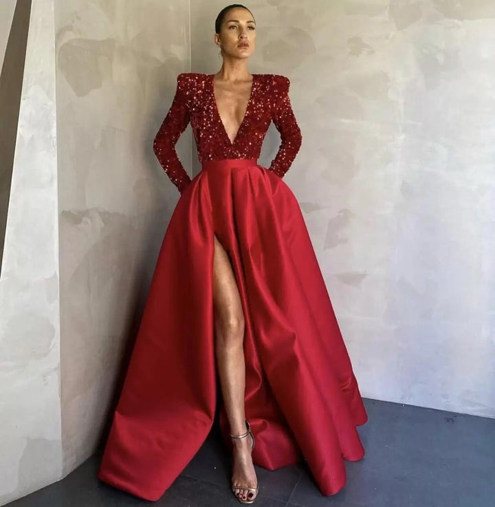 Damen Glamouröses Abendkleid mit tiefem V-Ausschnitt und glitzernden Akzenten Drune