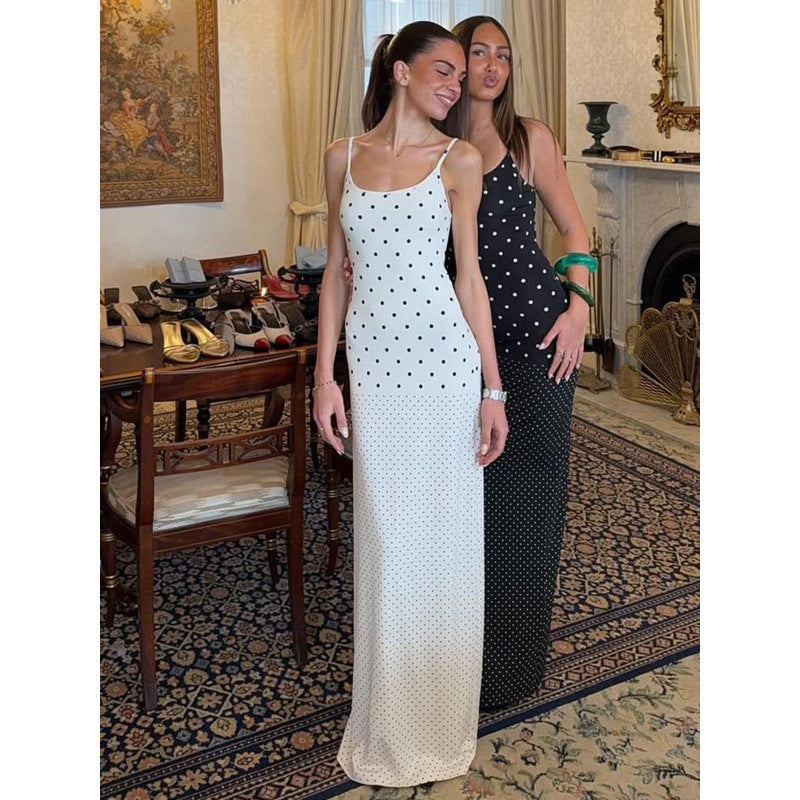 Damen Elegantes Polka-Dot Maxikleid mit verstellbaren Trägern und fließendem Schnitt Drune