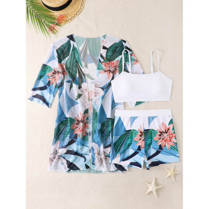 Damen Strandset mit floralem Kimono, Oberteil und Shorts Drune