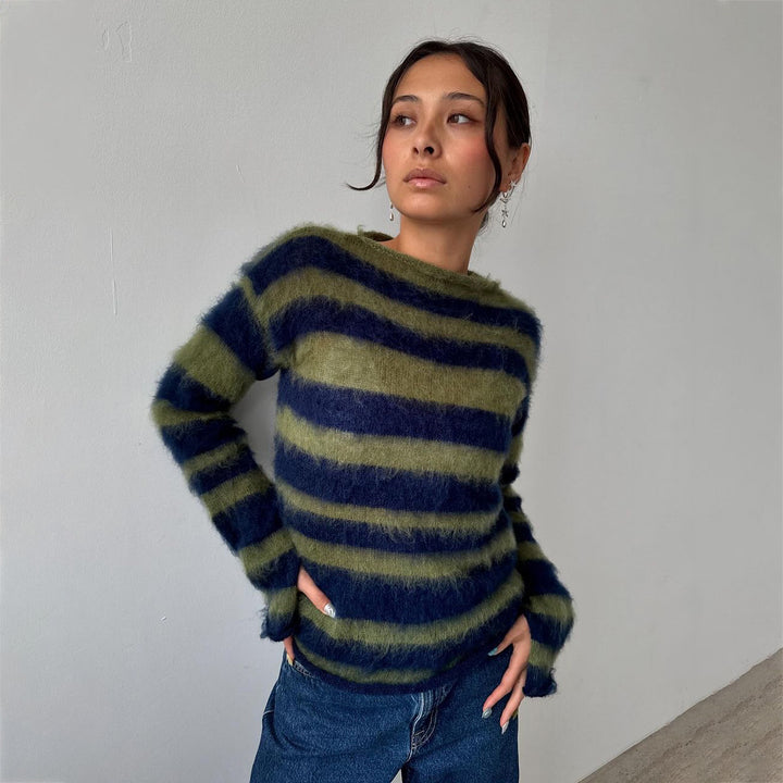 Damen Mohair-Strickpullover mit modischem Streifenmuster Drune