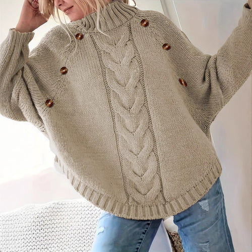 Damen Grober Strickpullover mit modernem Zopfdesign und praktischen Knöpfen Drune