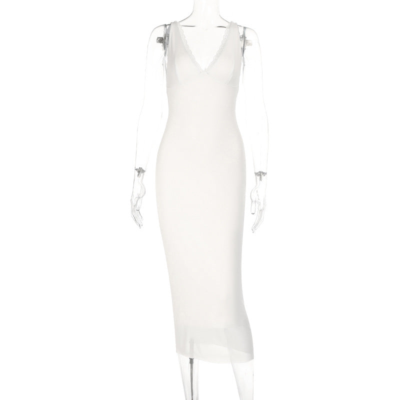 Damen elegantes figurbetontes Midi-Kleid mit verführerischem V-Ausschnitt und feinen Trägern Drune