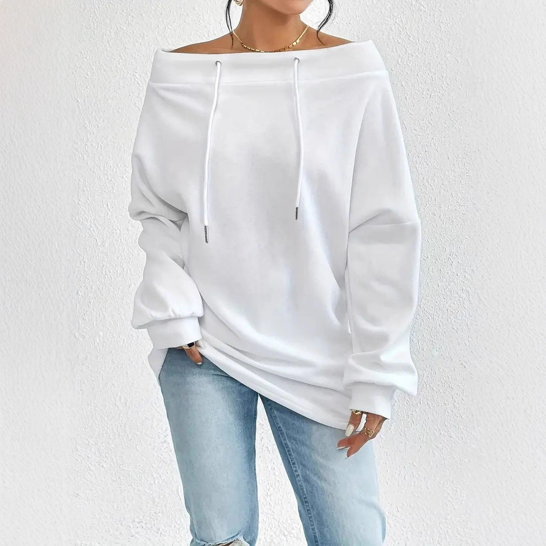 Damen lässiger Oversized-Pullover mit offenem Kragen und praktischen Kordelzügen Drune