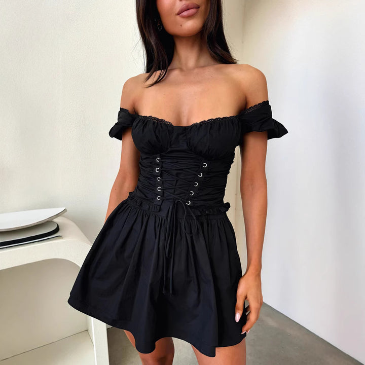 Damen Minikleid mit tailliertem Oberteil und Rüschendetails Drune