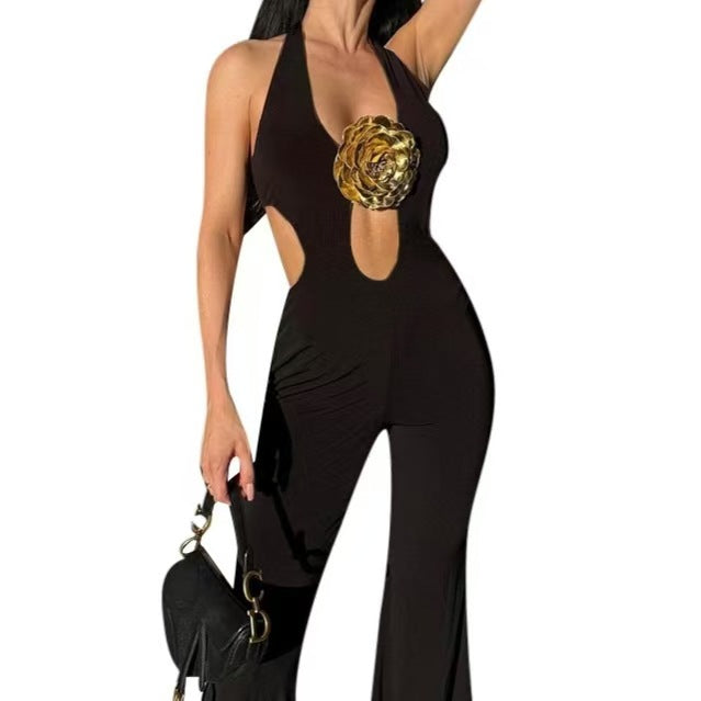 Damen Eleganter Jumpsuit mit raffiniertem Cut-Out-Design und floralen Applikationen Drune