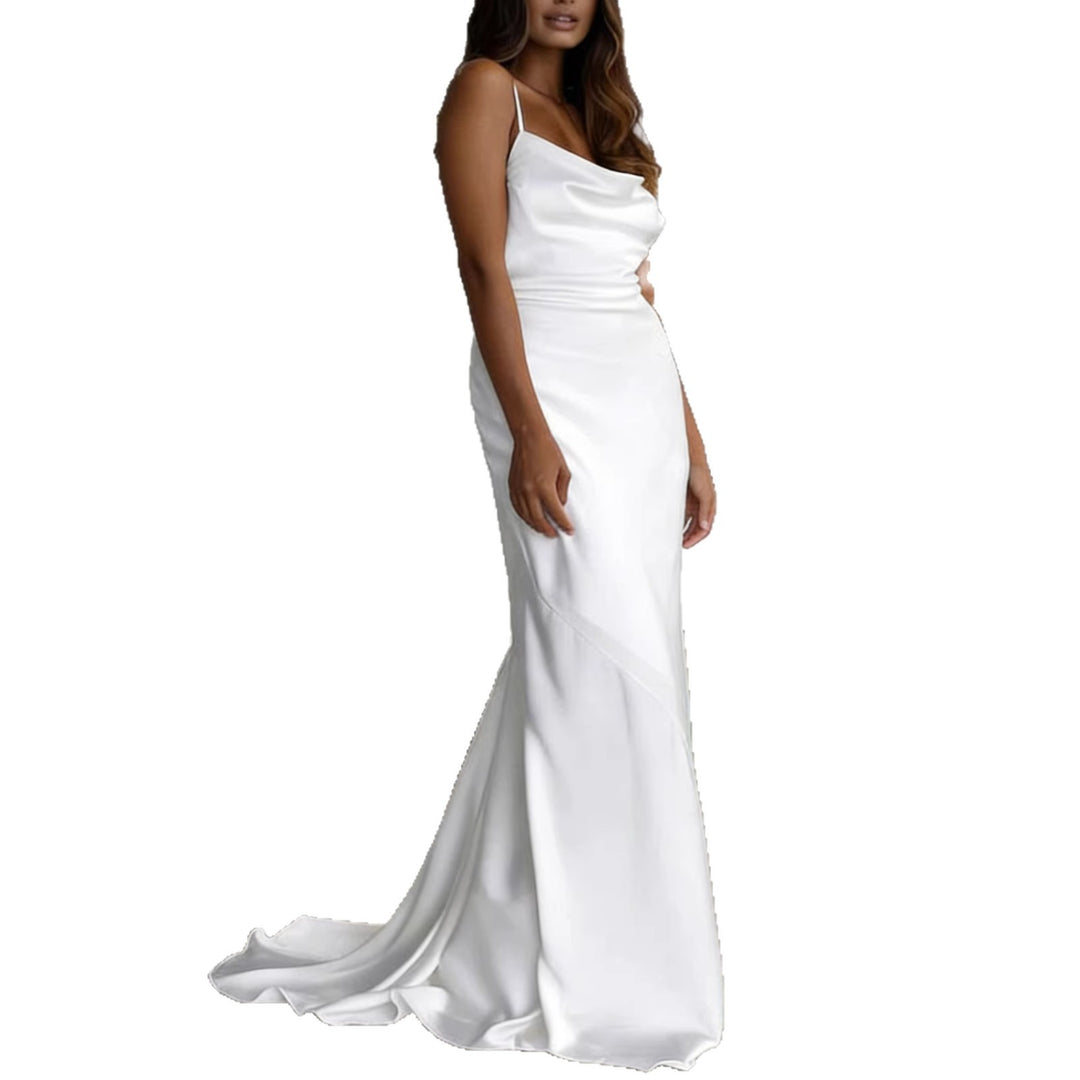 Damen Elegantes Satin-Hochzeitskleid mit tiefem V-Ausschnitt und schmalen Spaghettiträgern Drune