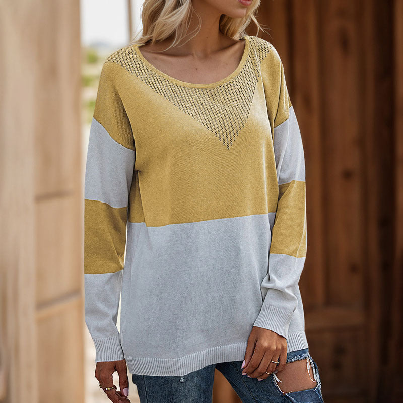 Damen lässiger Strickpullover mit modernem Blockdesign und hohem Rundhals Drune