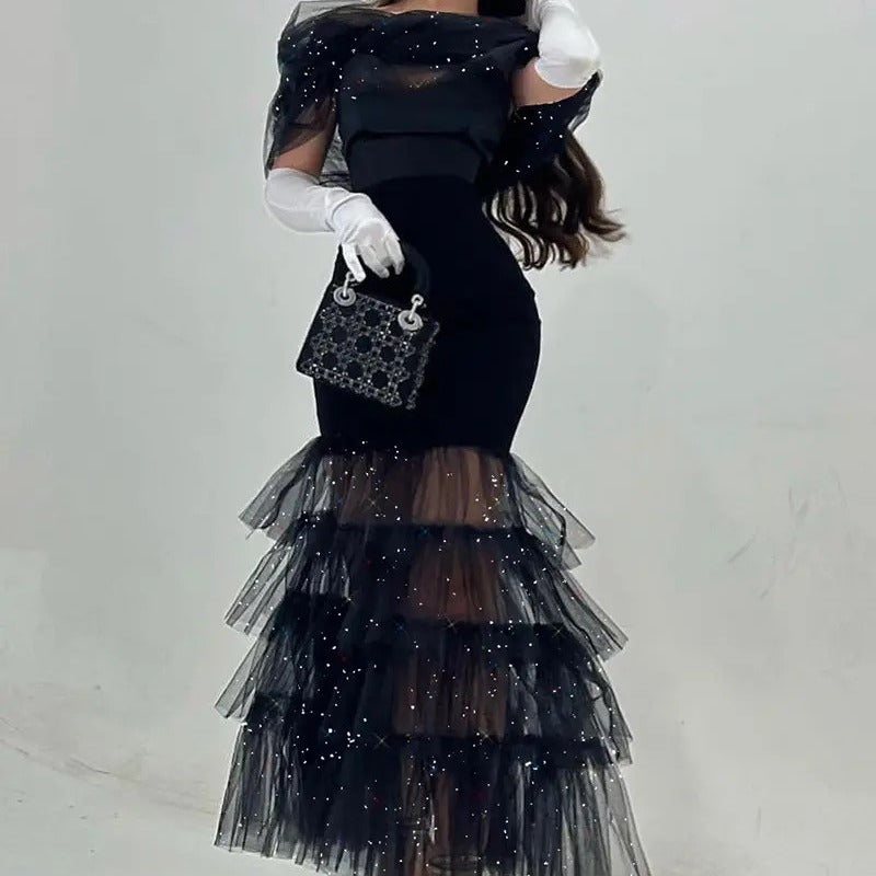 Damen Elegantes Abendkleid mit schimmernden Tülllagen und transparenter Schulterpartie Drune