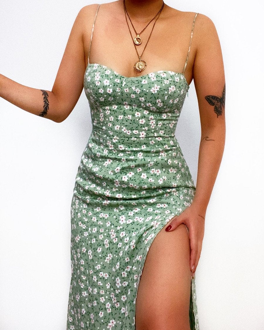 Damen Figurbetontes Maxikleid mit seitlichem Schlitz und Spaghettiträgern Drune