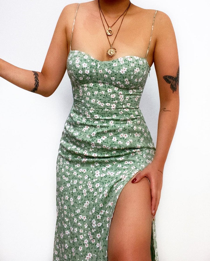 Damen Figurbetontes Maxikleid mit seitlichem Schlitz und Spaghettiträgern Drune