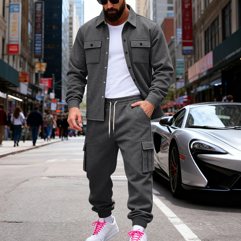 Herren nan lässiges Baumwoll-Misch Overshirt und Cargo-Jogger Set mit Kordelzug, Pattentaschen und elastischen Bündchen Drune