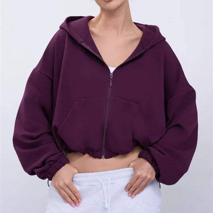 Damen lässiger cropped Kapuzenpullover mit voluminösen Ärmeln Drune