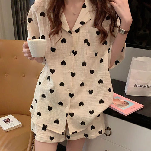 Damen Pyjama-Set mit Herzen und kurzen Ärmeln Drune