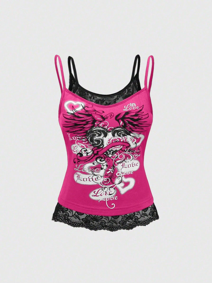 Damen Spitze Cami Top mit Grafischem Print Drune