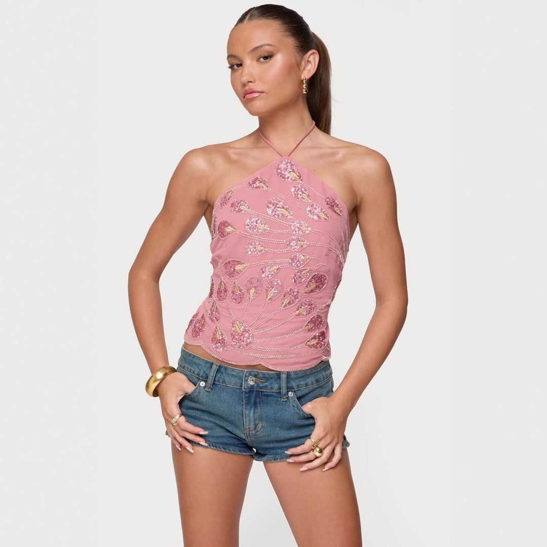Damen Glitzerndes Halboberteil mit floralen Pailletten und feinen Trägern Drune
