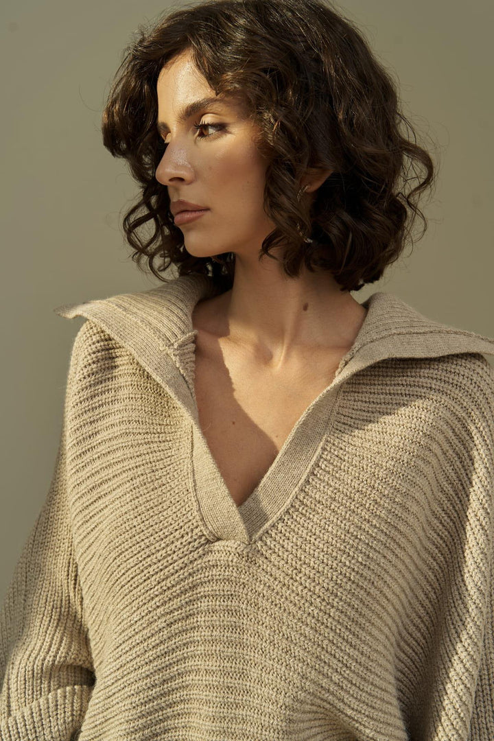 Damen lässiger Strickpullover mit oversized Kragen Drune
