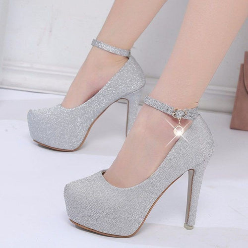 Damen Glitzernde Plateau-Pumps mit feinem Riemchen und elegantem Schmuckdetail Drune